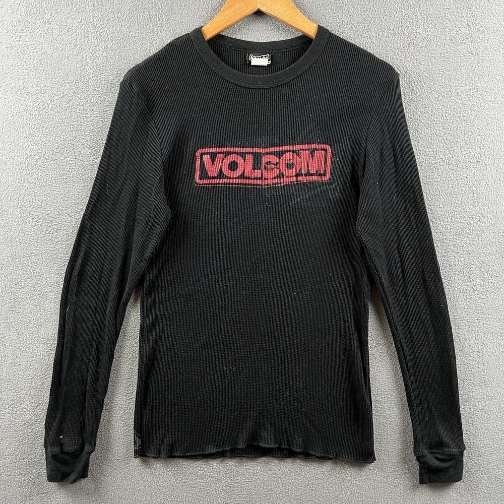 Vintage Volcom Shirt Mens Medium Black Thermal Y2K Long Sleeve Waffle Knit Skate